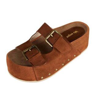 Wo Wagas Womens Buckle Strap Mules Platform Slippers Chunky Mid Heel Sandals